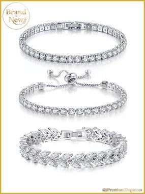 3 Pc Tennis Bracelet Set, Cubic Zirconia Prong Set, Adjustable Sliding Clasp